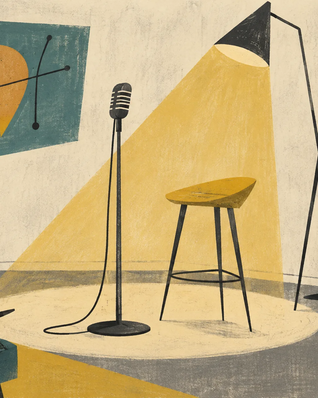 Mid-century cartoon background painting in mustard, teal and charcoal of a home stage corner with a mic stand, a stool and a lamp spotlight