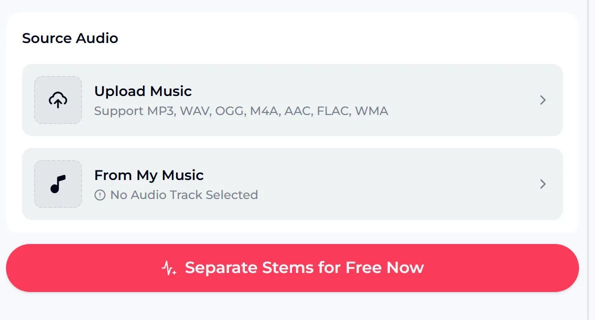 The OpenMusic AI vocal remover Source Audio panel to remove vocals online, with Upload Music for common audio formats and a From My Music option