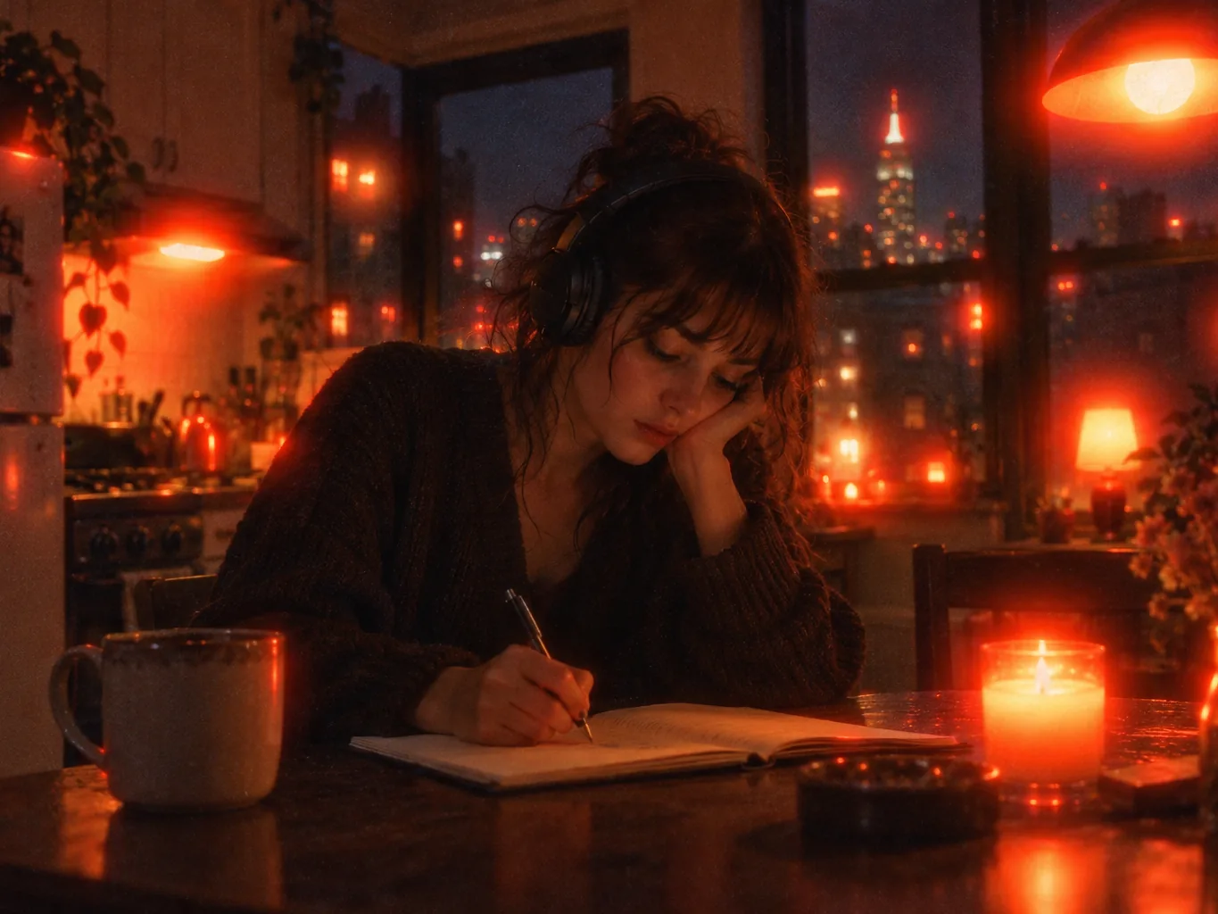 Cinestill-style halation night photograph of a young woman writing lyrics in a notebook at a kitchen table late at night, headphones on