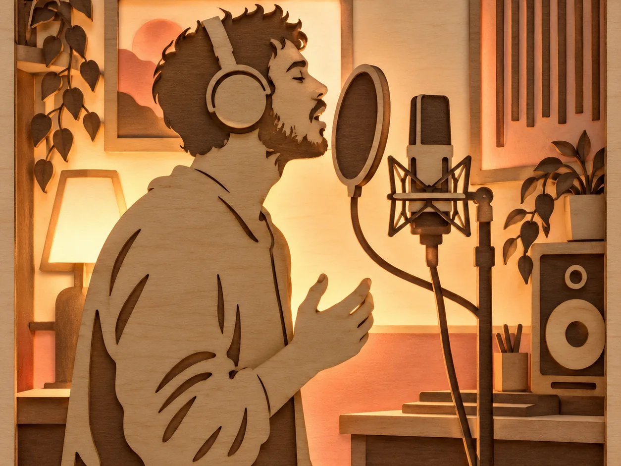 Laser-cut birch plywood of a man singing into a microphone with a pop filter in a small home studio