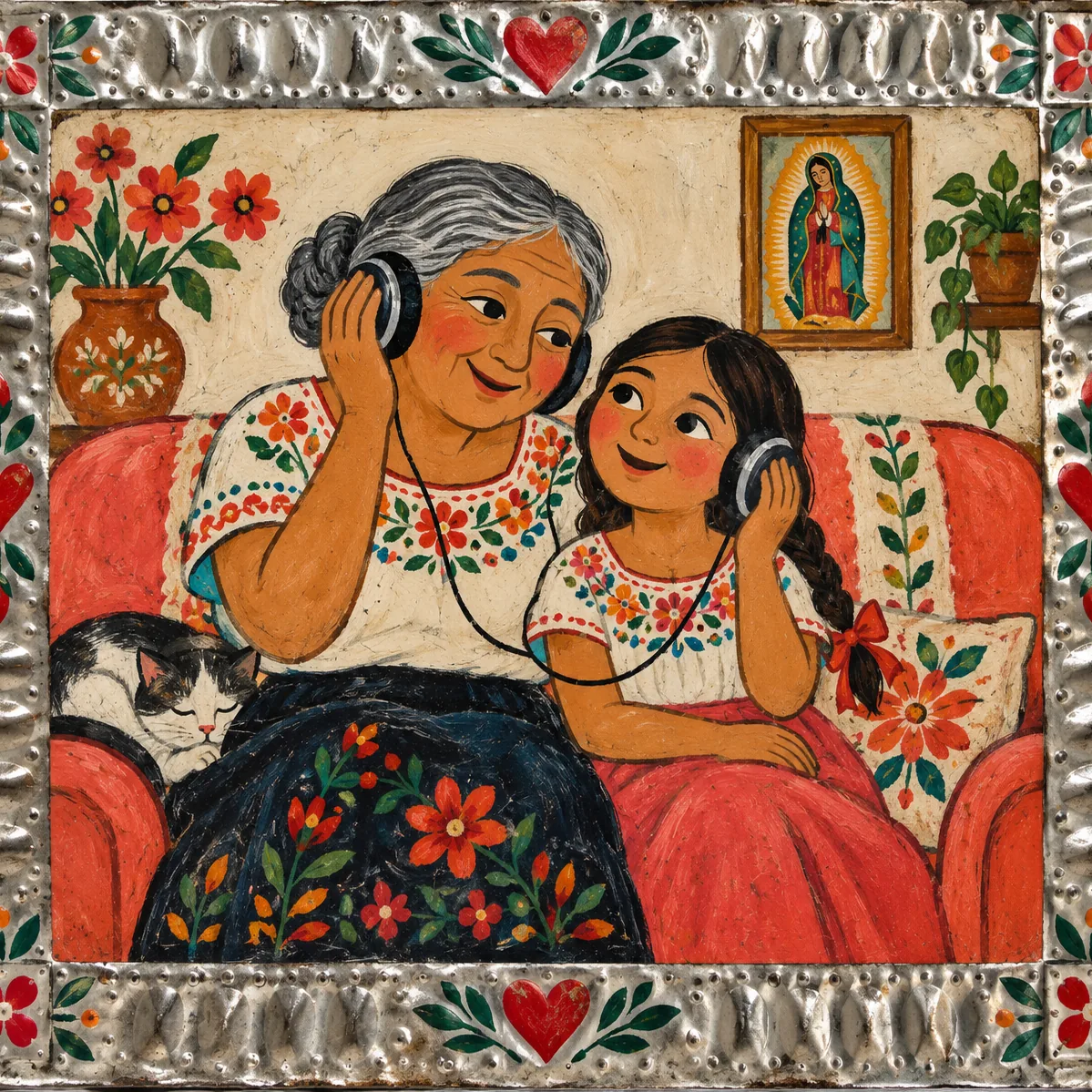 Mexican retablo painting of a grandmother and granddaughter sharing headphones on a sofa, smiling