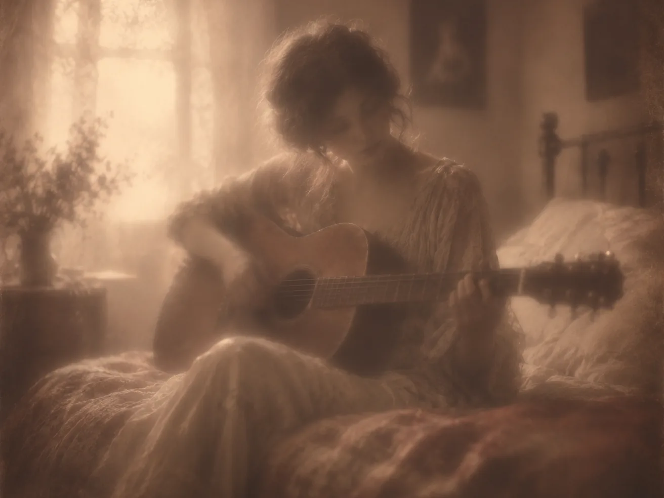 Pictorialist soft-focus photograph of a guitarist sitting on a bed strumming an acoustic guitar and humming a melody