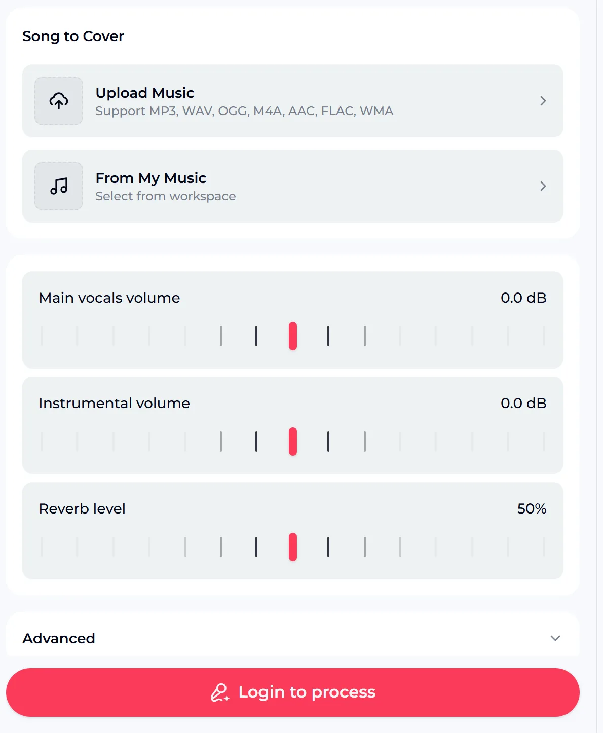 The OpenMusic song cover generator with options to upload a song or pick one from your library, plus sliders for main vocal volume, instrumental volume and reverb