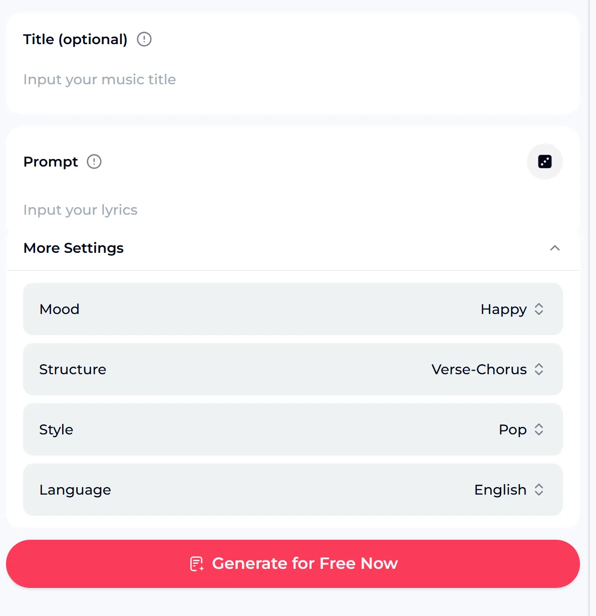 The OpenMusic AI lyrics generator, the first song AI step, with a title field, a prompt box and settings for mood, structure, style and language