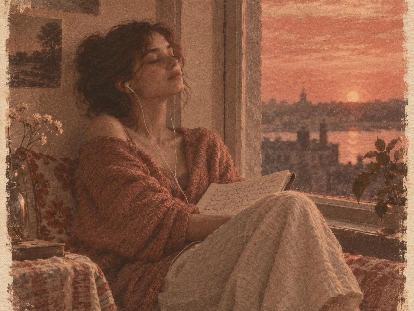 Gum bichromate photographic print of a young woman sitting by a window at dusk with a notebook of handwritten lyrics, earbuds in, eyes closed