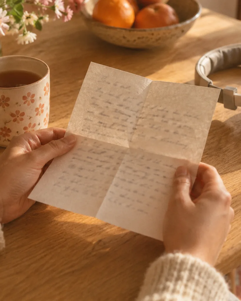 Hands holding a folded sheet of handwritten verses on a kitchen table next to a cup of tea and headphones