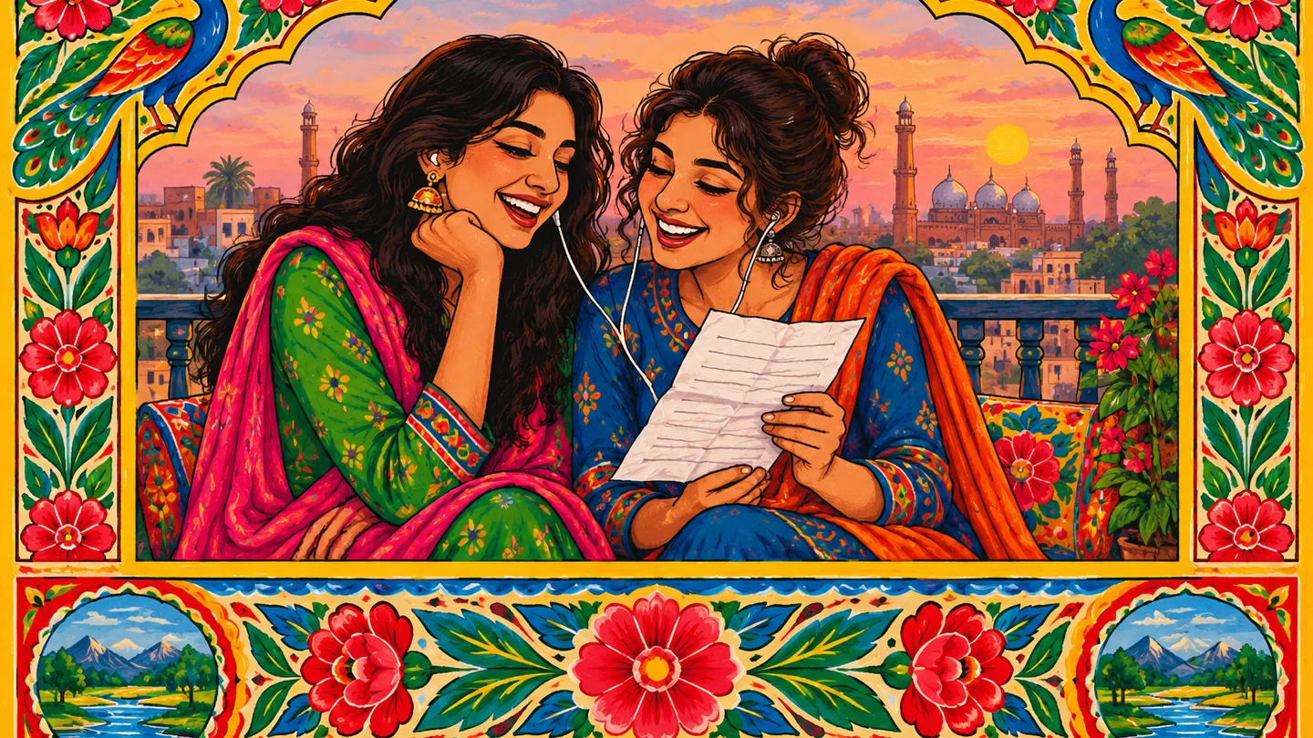 Pakistani truck art painting of two friends on a balcony sharing earbuds and laughing over a handwritten lyric sheet