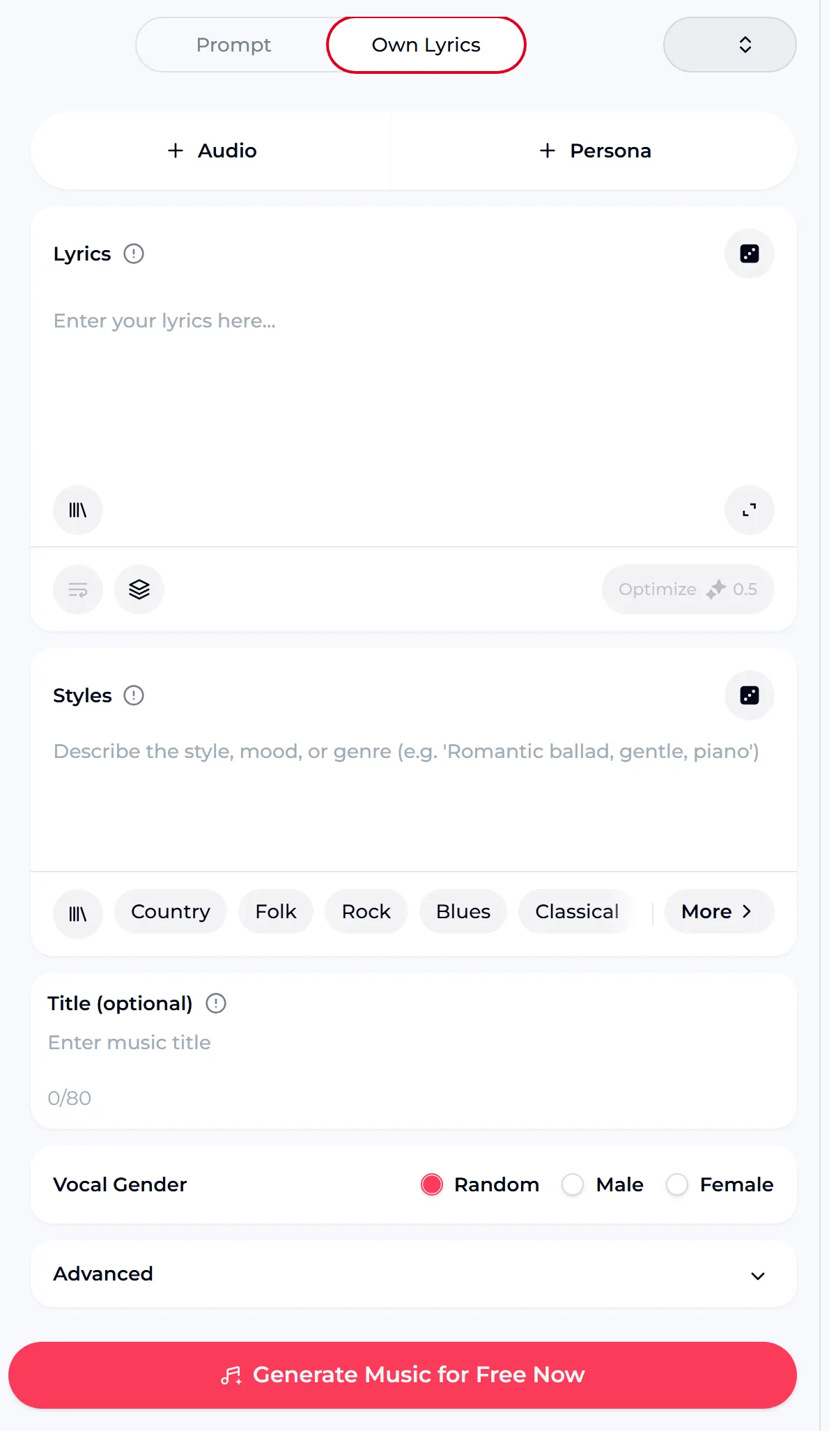The OpenMusic song maker in Own Lyrics mode, with a lyrics box, a style box with genre tags, a title field, vocal gender choices and a Generate button