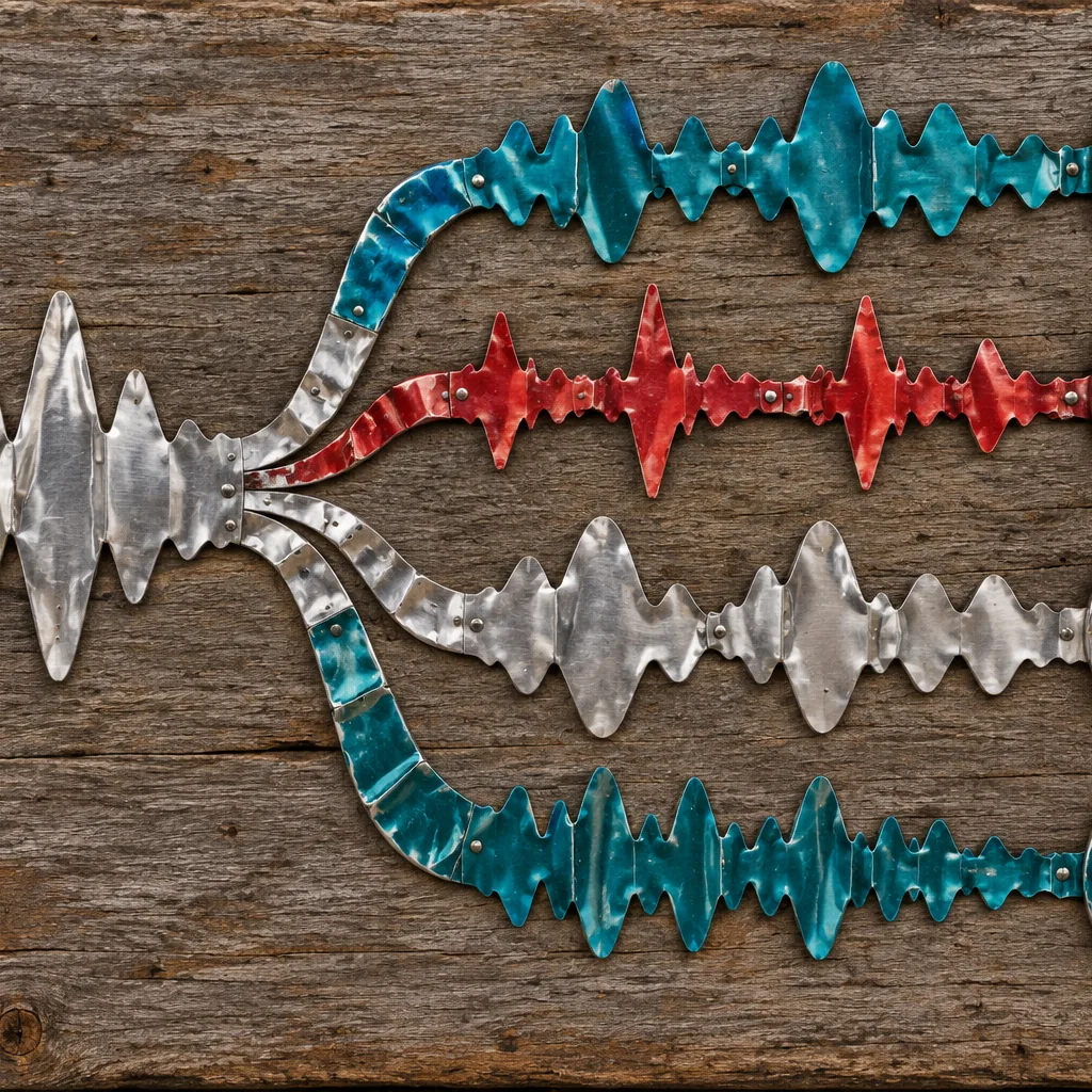 Recycled aluminum can art of one sound wave splitting into separate silver, teal and red ribbons