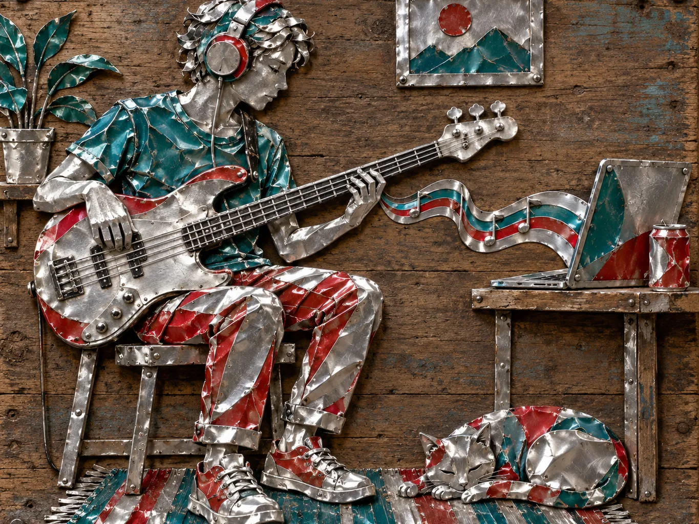 Recycled aluminum can art of a bass player at home with headphones following a ribbon from a laptop