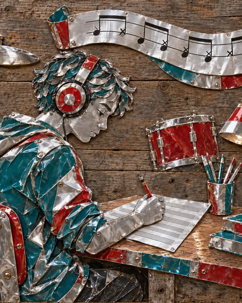 Recycled aluminum can art of a student in headphones writing sheet music at a desk with a drum nearby