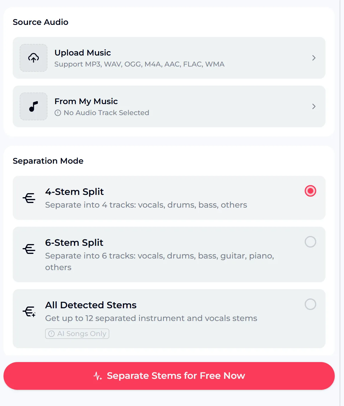 OpenMusic AI stem splitter with Source Audio upload options, Separation Mode choices and a separate stems button
