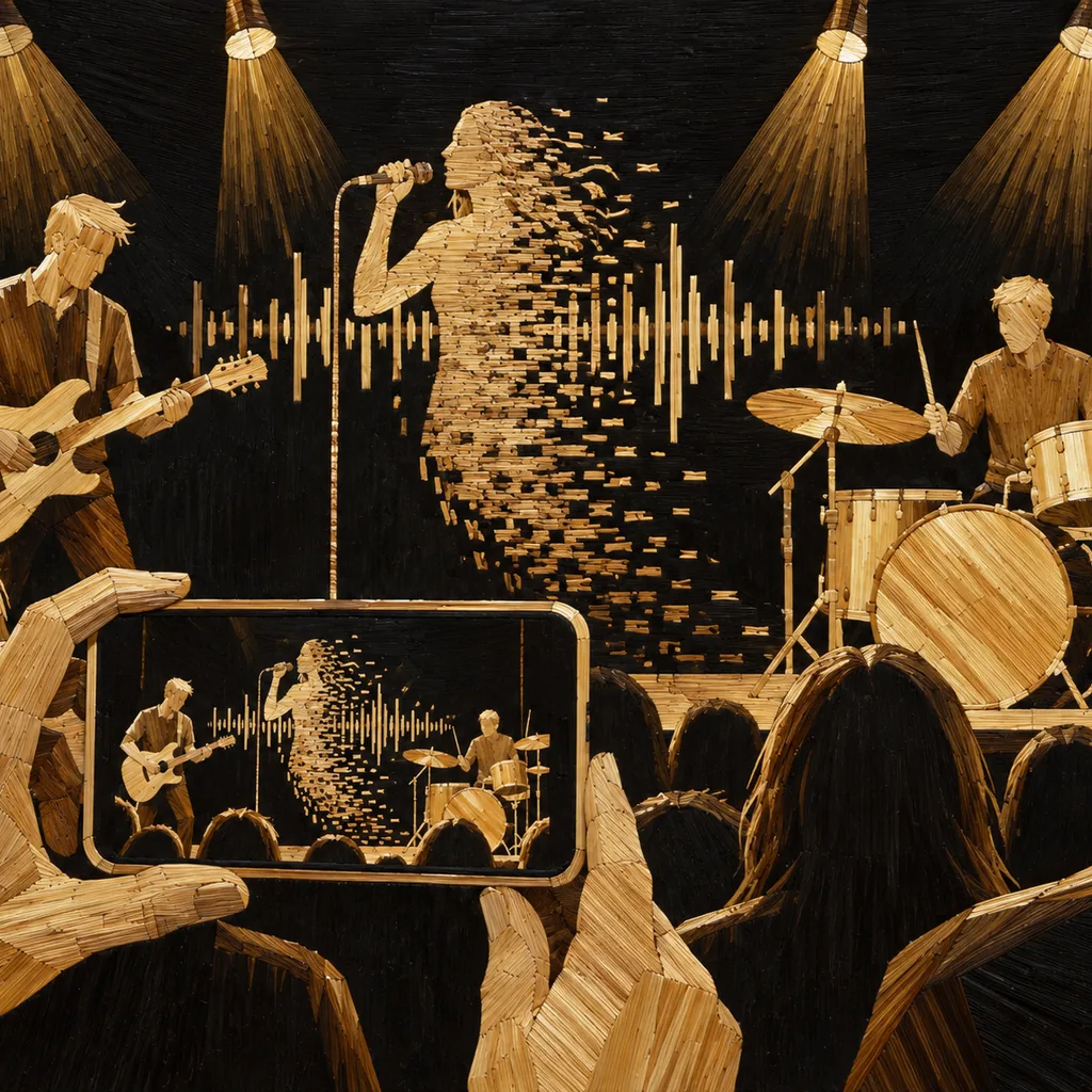 Straw marquetry of a phone filming a live band while the singer dissolves out of a sound wave