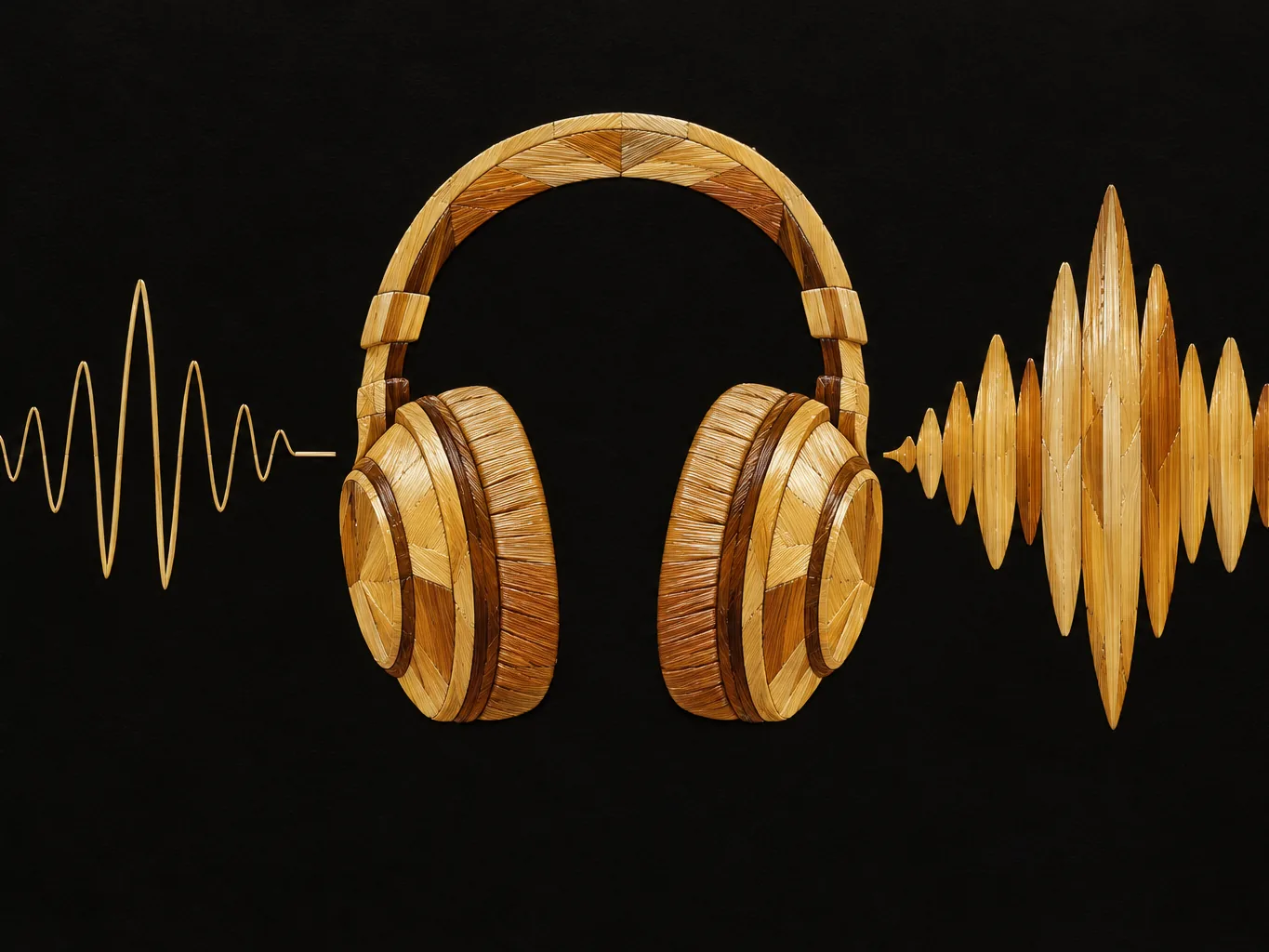 Straw marquetry of a thin sound wave and a full sound wave on either side of studio headphones