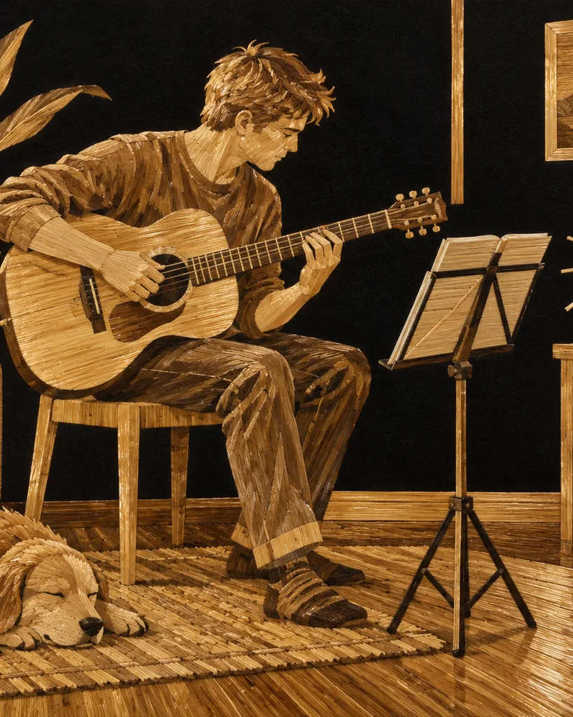 Straw marquetry of a guitarist practicing at home beside a music stand
