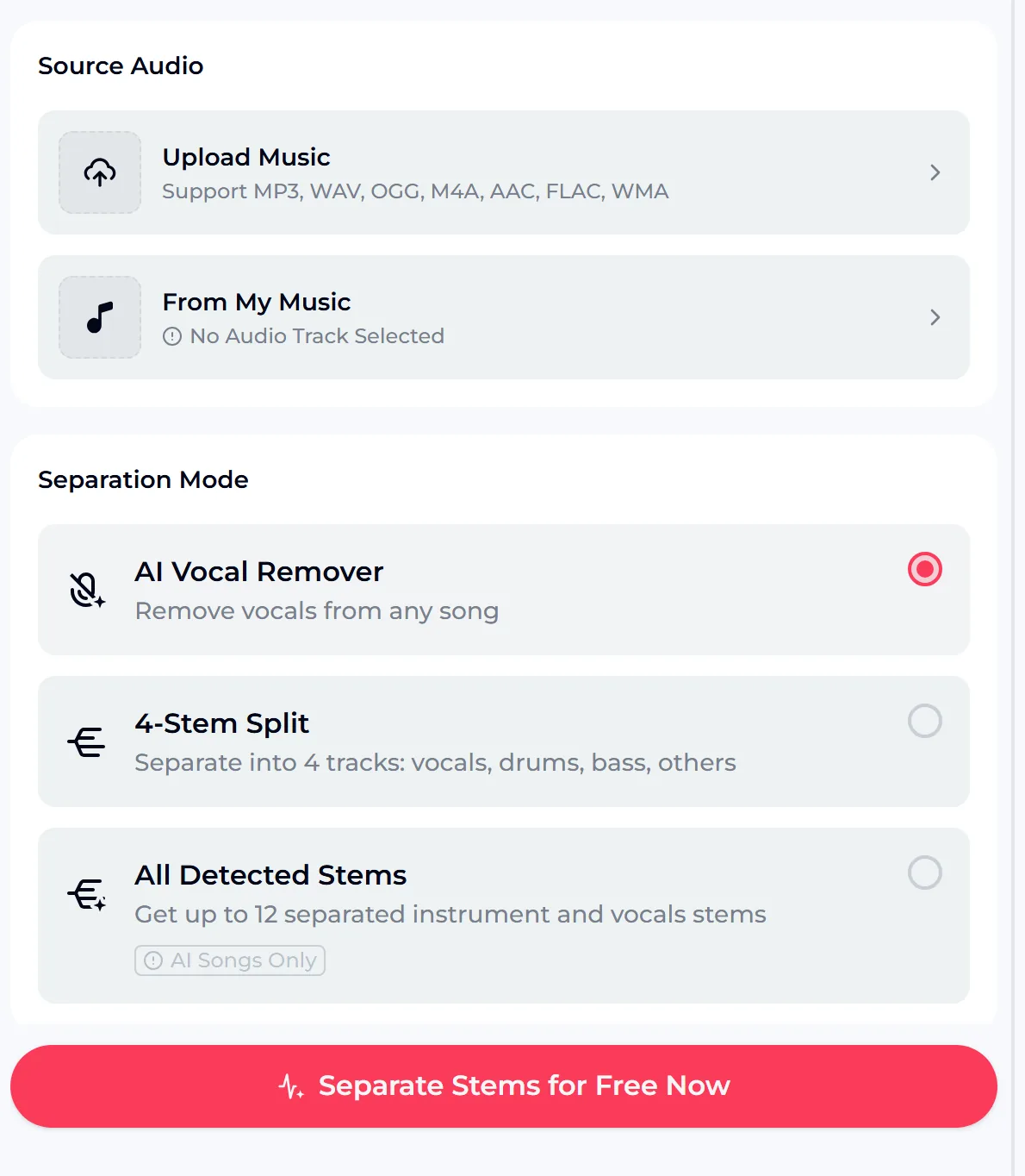 OpenMusic audio voice remover with Source Audio upload options, Separation Mode choices and a separate button