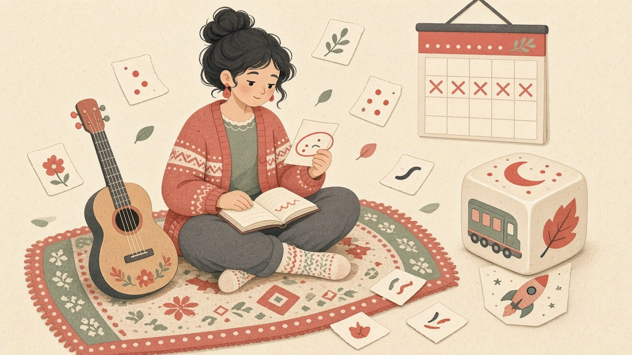 Scandinavian folk-style illustration of a songwriter on a rug with a notebook and guitar circling words on a paper slip, beside a die with picture icons and a calendar with days crossed off