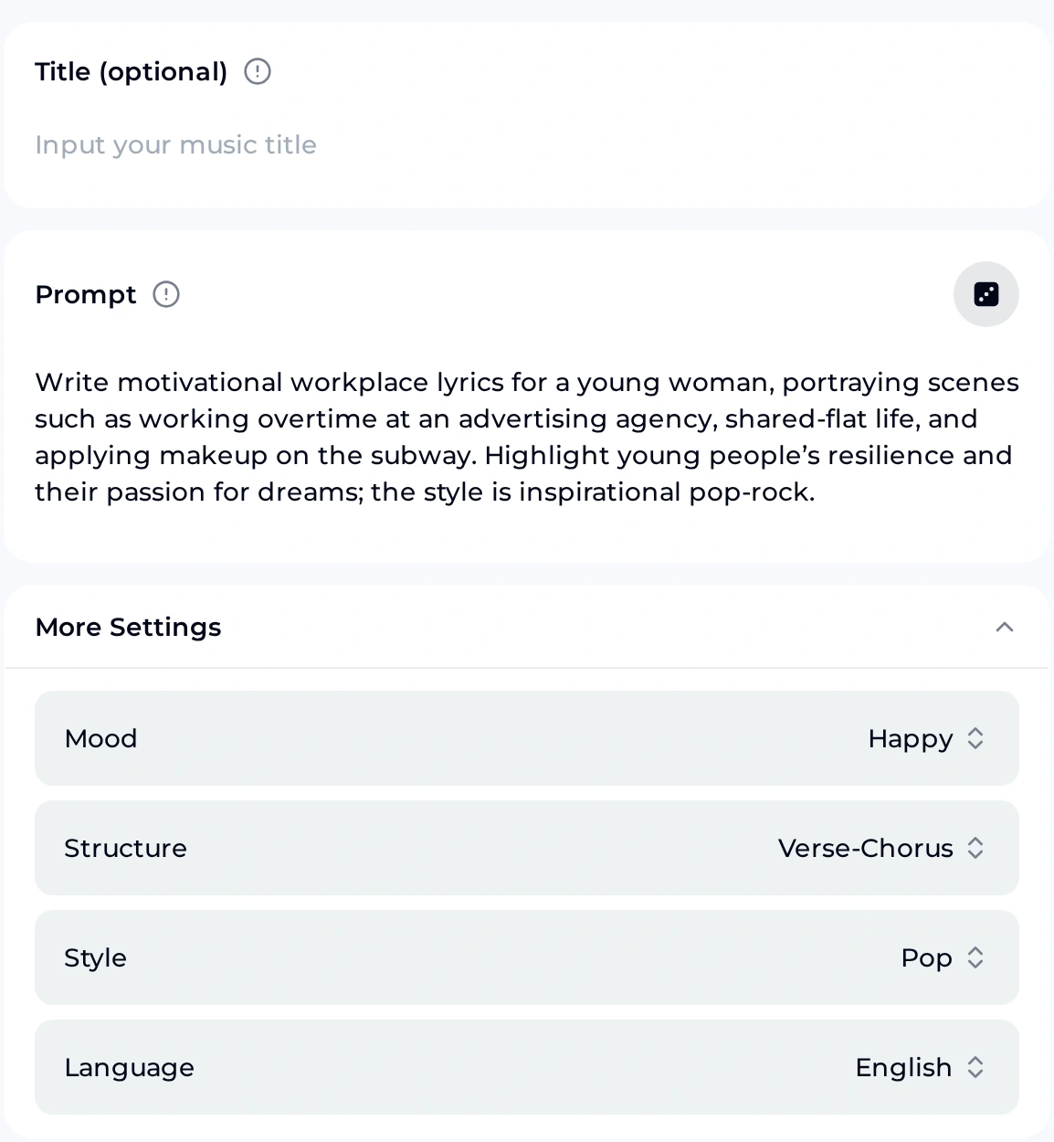 OpenMusic AI Lyrics Generator with a random brief from the dice button in the Prompt box, about a young woman working overtime at an advertising agency, and More Settings showing Happy, Verse-Chorus, Pop and English