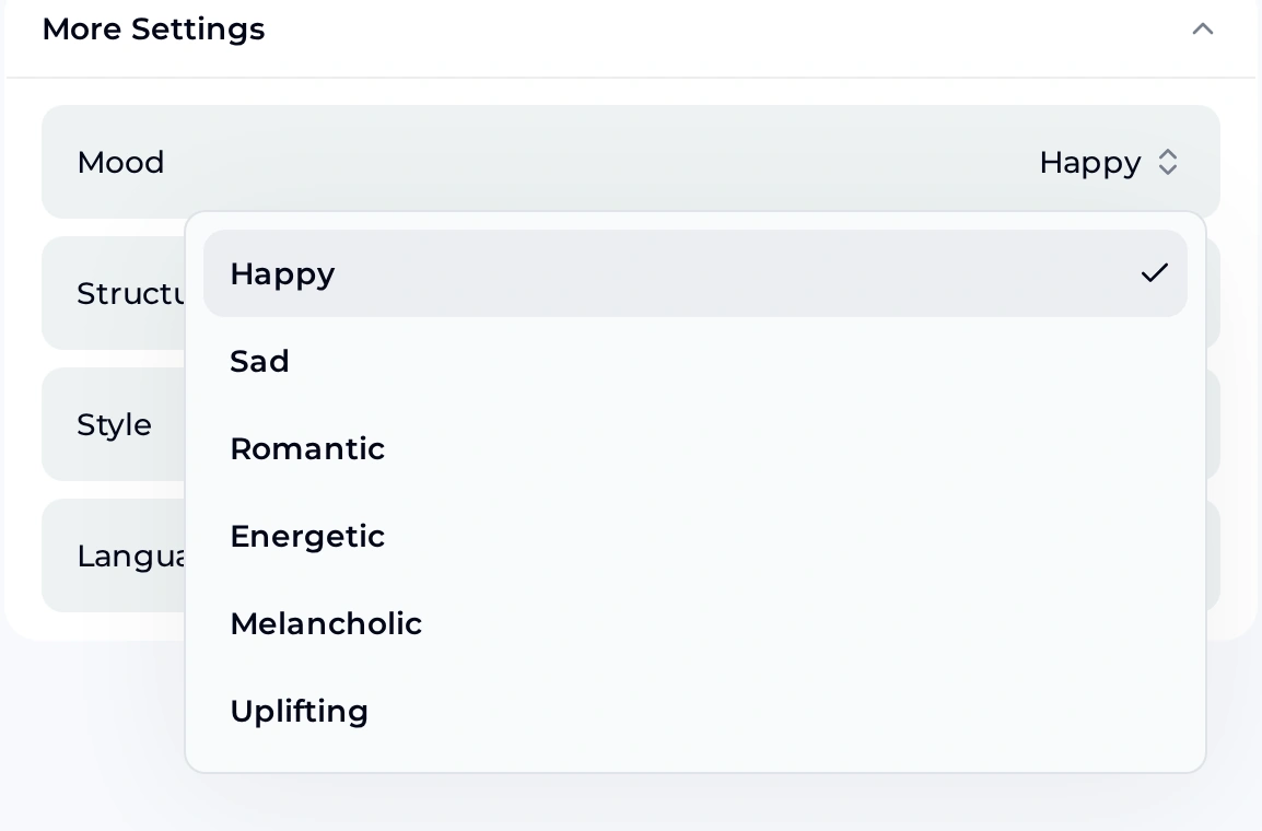 Word generator for songs settings: OpenMusic AI Lyrics Generator More Settings with the Mood menu open listing Happy, Sad, Romantic, Energetic, Melancholic and Uplifting
