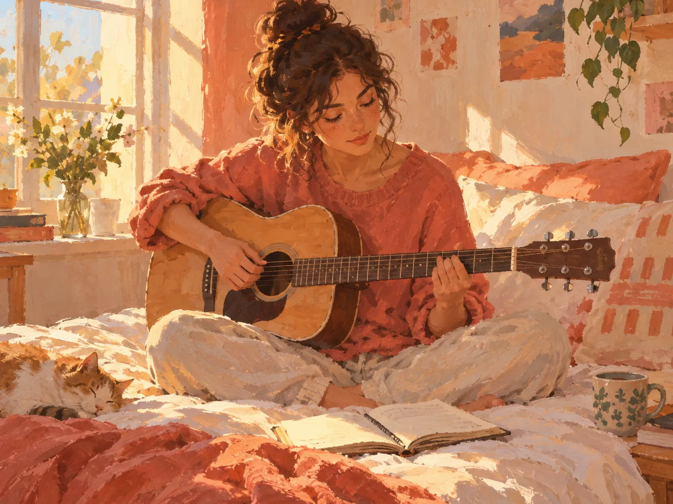 Gouache painting of a person on a bed with an acoustic guitar and an open notebook in afternoon sunlight
