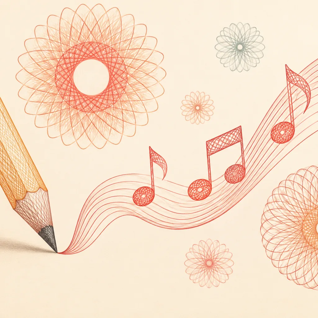 Spirograph pattern art of a pencil drawing a line that turns into music notes and a looping melody wave
