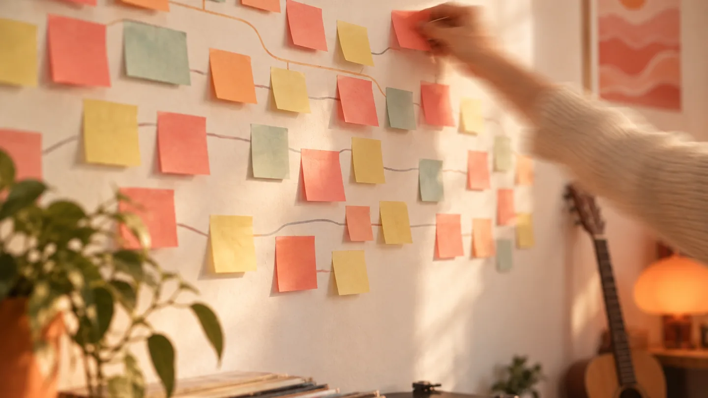 Motion blur photograph of colorful sticky notes arranged on a wall like a song map, with a moving hand adding one more note