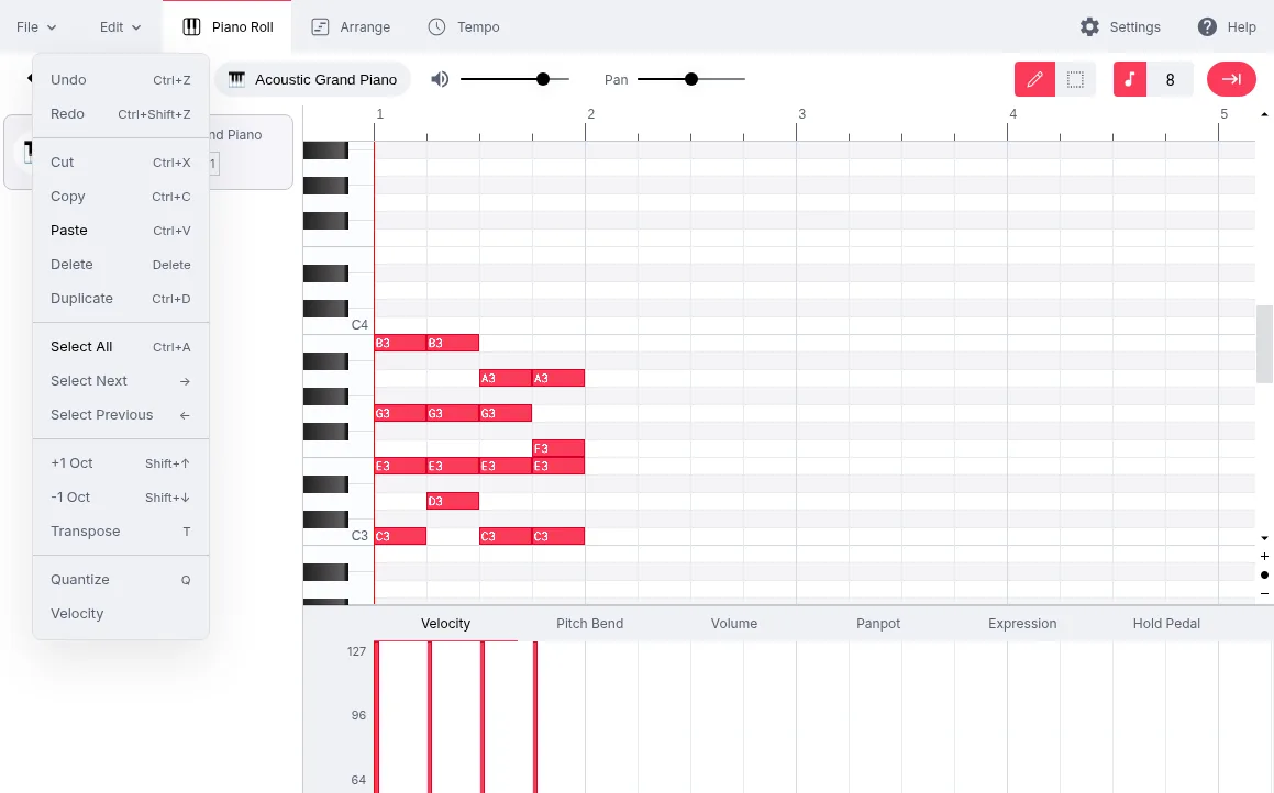 OpenMusic MIDI editor piano roll where you write music around the generated chords, with the Edit menu open showing Duplicate, Transpose, Quantize and Velocity