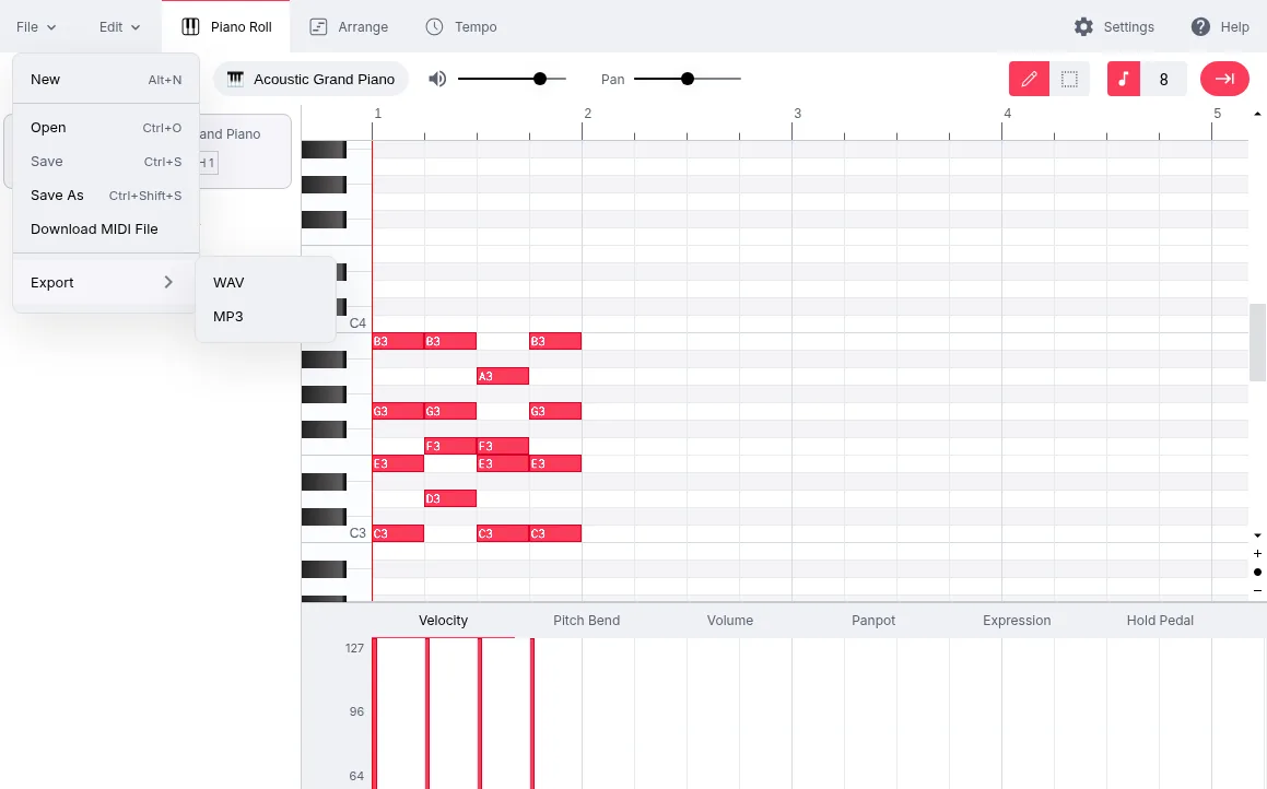OpenMusic MIDI editor File menu with New, Open, Save, Save As, Download MIDI File and an Export submenu offering WAV and MP3