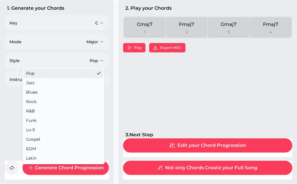 OpenMusic chord progression generator with Key C, Mode Major and the Style menu open showing Pop, Jazz, Blues, Rock, R&B, Funk, Lo-fi, Gospel, EDM and Latin