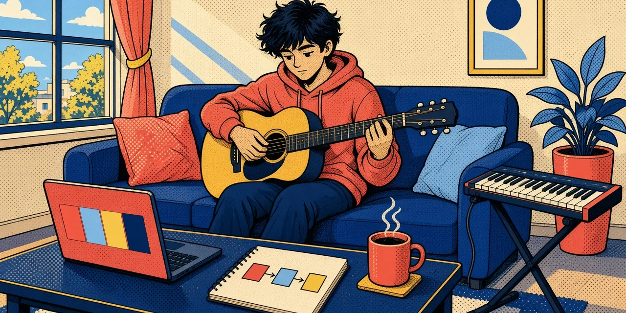 Pop art illustration of a guitarist on a sofa with a laptop showing four coloured blocks and a notebook sketch of three connected boxes