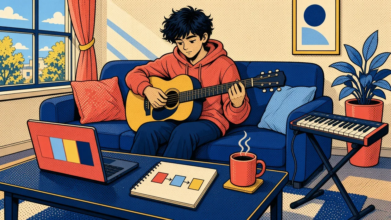 Pop art illustration of a guitarist on a sofa playing an acoustic guitar, with a laptop showing four coloured chord blocks and a notebook sketch of three connected sections
