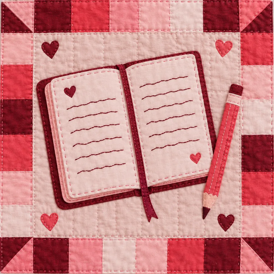 Patchwork quilt with a fabric notebook and pencil, stitched lines suggesting handwritten verses