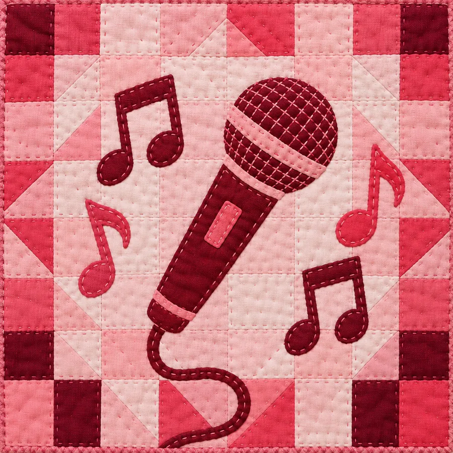 Patchwork quilt with an appliqued microphone and music notes on pink fabric