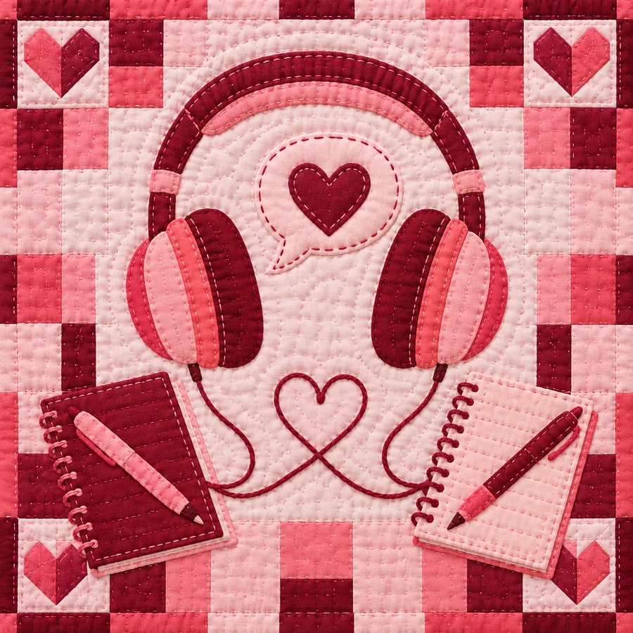 Patchwork quilt with appliqued headphones and a heart-shaped speech bubble